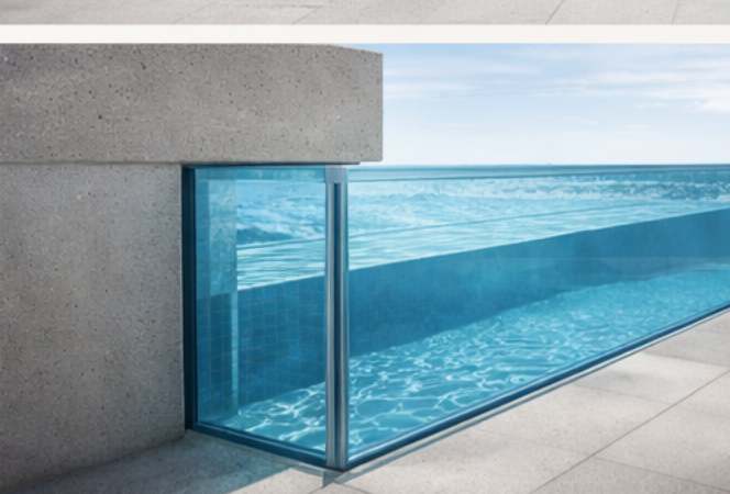Angled view of 3-sided acrylic pool window showing glass thickness and concrete abutment