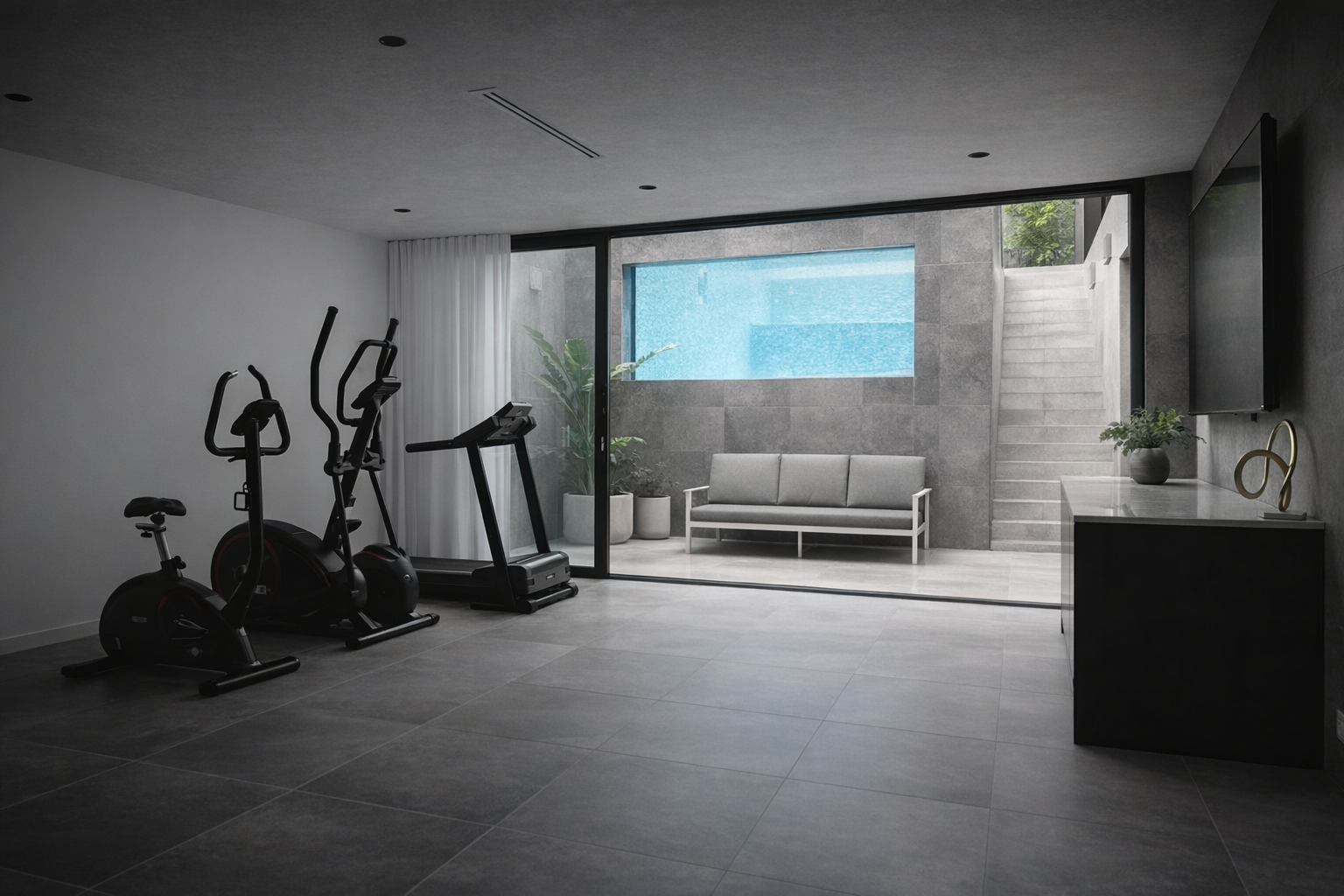 Modern indoor gym with exercise equipment opening to outdoor area featuring a pool with acrylic viewing window set into stone tile wall